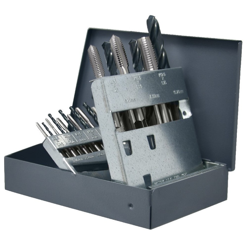 Chicago Latrobe HM18 High-Speed Steel Jobber Length Drill Bit and Tap Set with Metal Case, Black Oxide Drill Bits/Uncoated Taps, Metric, 18-piece, Metric Drill Bit Sizes, M2.5 to M12 Tap Sizes