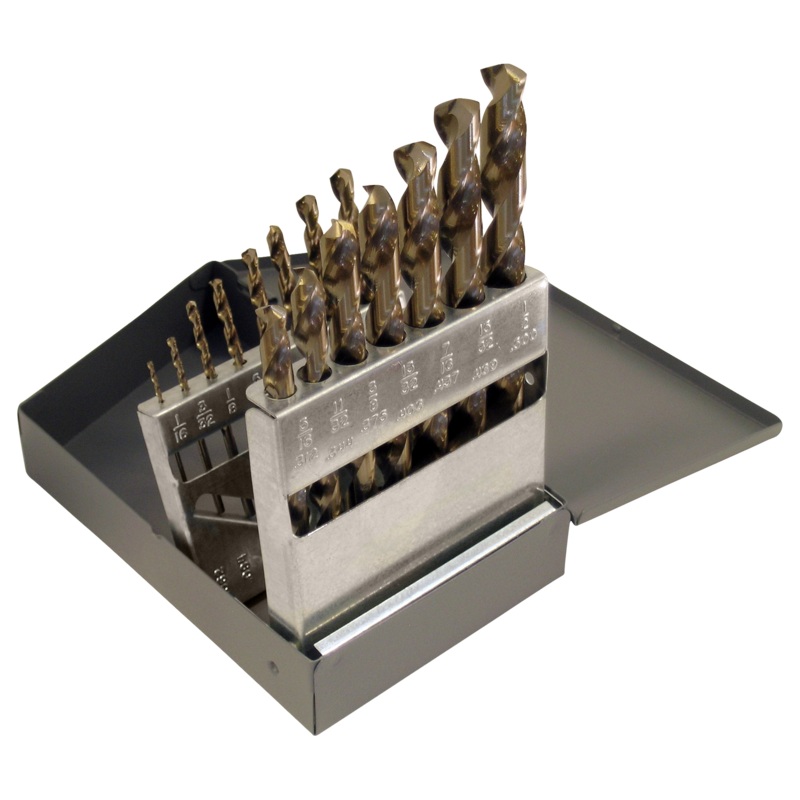Cle-Line C21112 135 Degree Heavy-Duty Cobalt Jobber Length Drill Set in Metal Case, 15 Piece Set