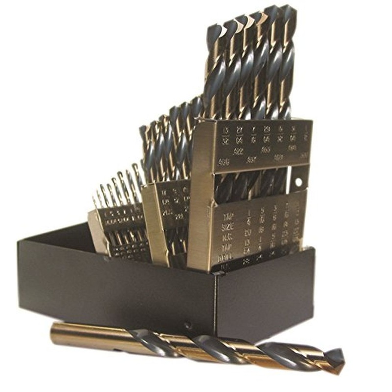 Viking Drill and Tool 44150 Gold Oxide High Speed Steel 135-Degree Split Point 3/8 in. Reduced Shank Jobber Length Steel Standard Twist Drill Bit, 29 Piece Set