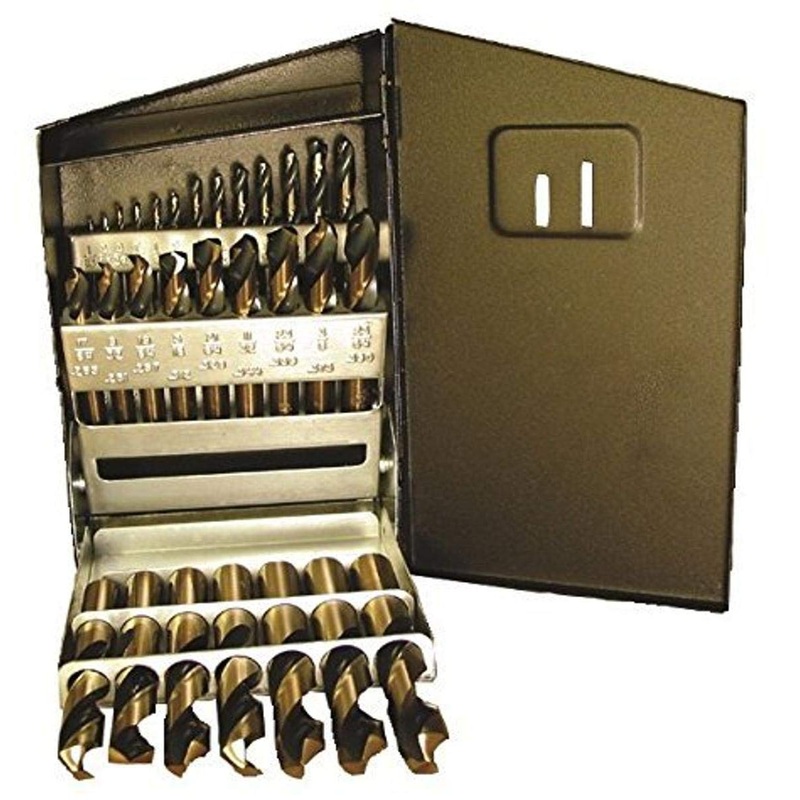 Viking Drill and Tool 66490 Black/Gold Oxide Hi-Molybdenum Steel 135 Degree Split Point Screw Machine Length Drill, 29 Piece Set