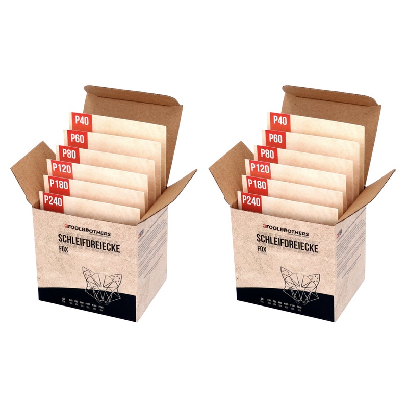 Juego de lijado Toolbrothers FOX Tringulos de lijado Delta 2 paquetes 93 x 93 x 93 mm Velcro 6 agujeros cada uno 20x P40 / P60 / P80 / P120 / P180 / 240 para madera dura, madera blanda, pintura, piedra, acero, aluminio, chapa