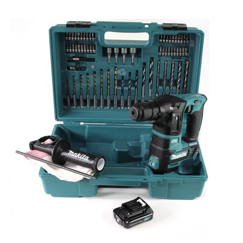 Makita HR 166 DA1E1 Taladro Percutor Inalmbrico 10,8V SDS-Plus Brushless + Maletn + 64 Piezas Set de accesorios + 1x batera 2.0Ah - sin cargador