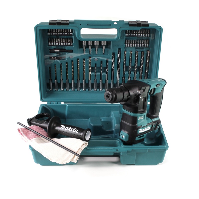Makita HR 166 DE1 Taladro Percutor Inalmbrico 10,8V SDS-Plus Brushless + Maletn + 64 Piezas Juego de accesorios - sin batera, sin cargador
