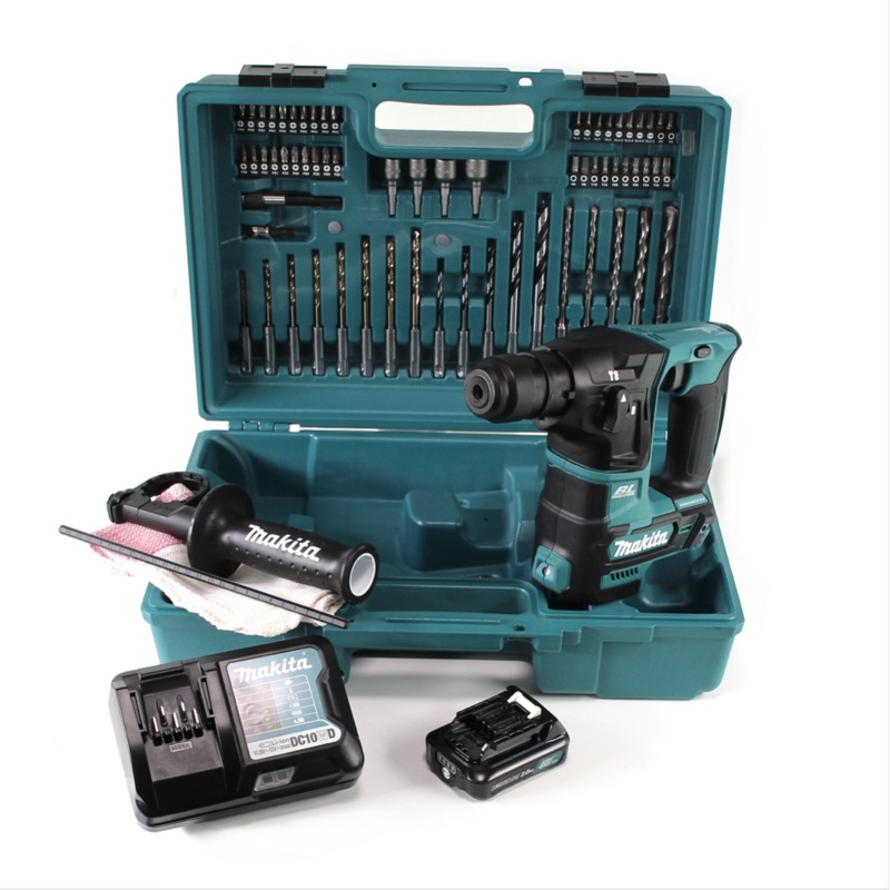 Makita HR 166 DWA1E1 Taladro percutor inalmbrico 10,8V SDS-Plus Brushless + Maletn + 64 Piezas Set de accesorios + 1x batera 2.0Ah + 1x cargador