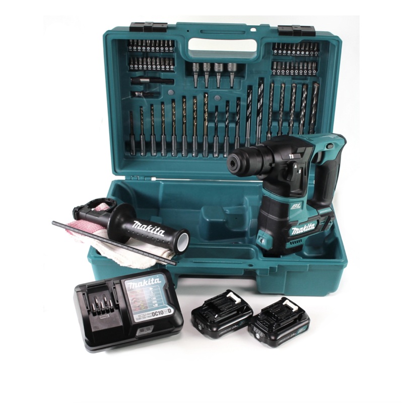 Makita HR 166 DWA2E1 Taladro Percutor Inalmbrico 10,8V SDS-Plus Brushless + Maletn + 64 Piezas Set de accesorios + 2x batera 2.0Ah + 1x cargador