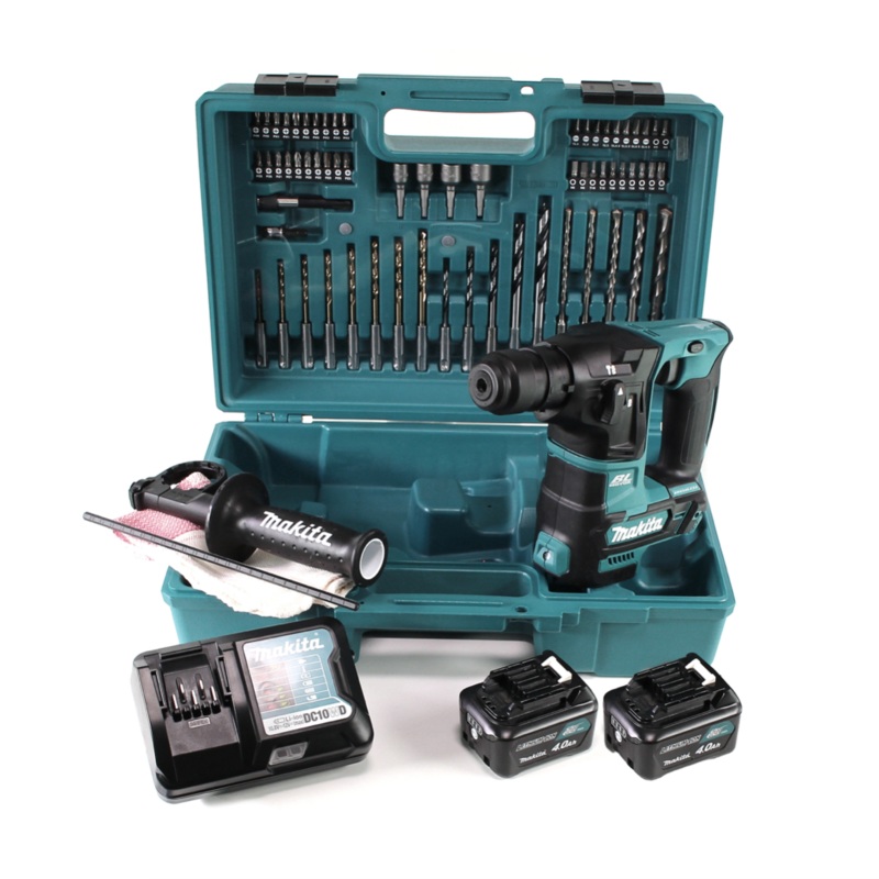 Makita HR 166 DWME1 Taladro percutor inalmbrico 10,8V SDS-Plus Brushless + Maletn + 64 Piezas Set de accesorios + 2x batera 4.0Ah + 1x cargador