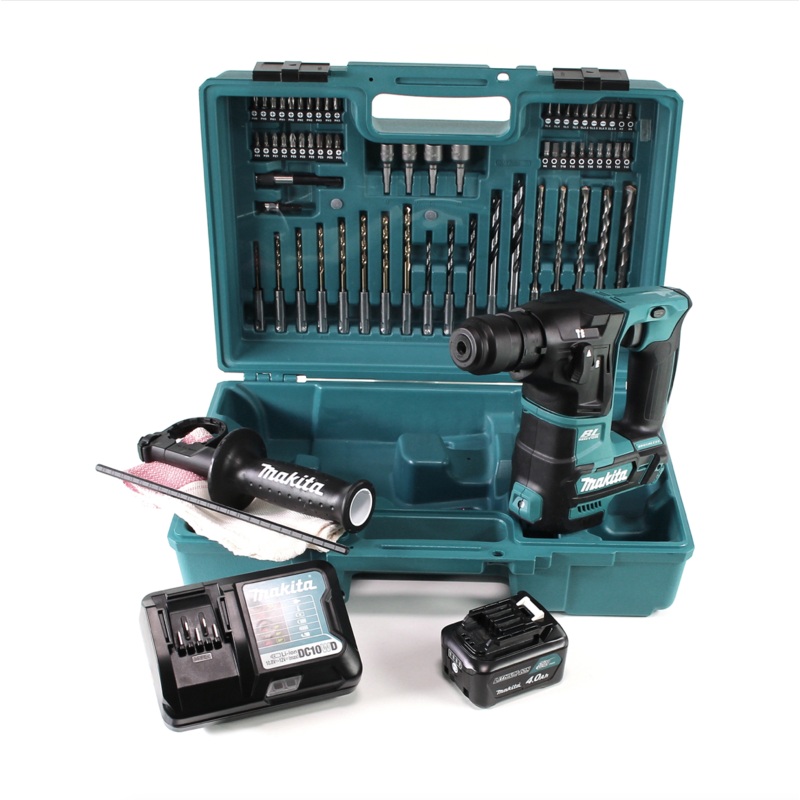 Taladro percutor a batera Makita HR 166 DWM1E1 10,8V 1,1J SDS plus sin escobillas + 1x batera 4,0Ah + cargador + 64 piezas. Set de accesorios + estuche