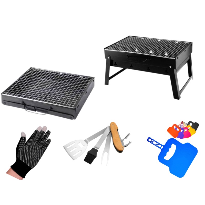 Toolbrothers Juego de parrilla de carbn porttil para exteriores, para acampar, montaje sin herramientas, 43 x 29 x 23 cm, negro, + cubiertos para parrilla, guantes para parrilla y compartimentos para parrilla, 8 piezas