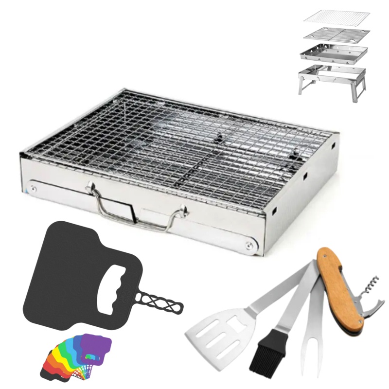 Toolbrothers Juego de parrilla porttil de carbn de acero inoxidable para exteriores, para acampar, montaje sin herramientas, 43 x 29 x 23 cm, plateado, + cubiertos para parrilla, guantes para parrilla y ventilador para parrilla, 8 piezas