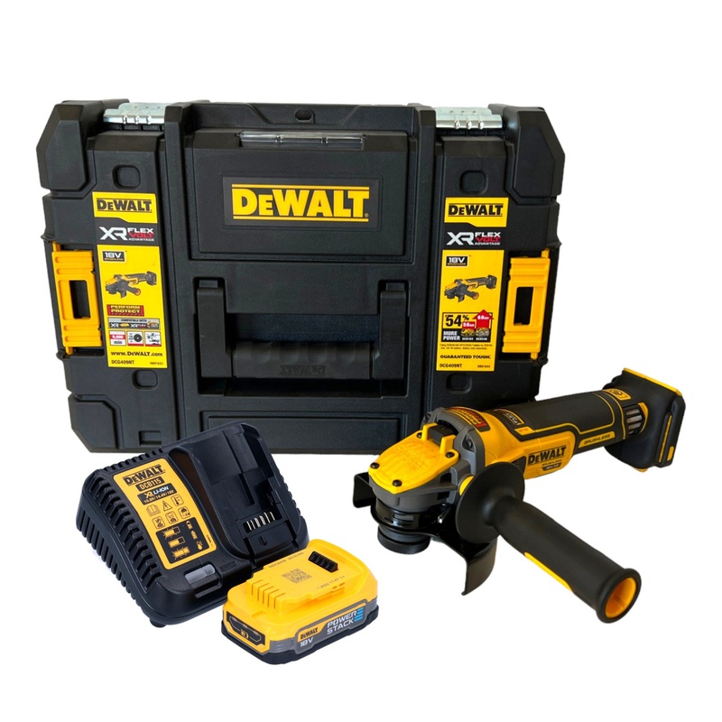 Amoladora angular a batera DeWalt DCG 409 E1T 18 V 125 mm sin escobillas + 1x batera Powerstack 1,7 Ah + cargador + TSTAK