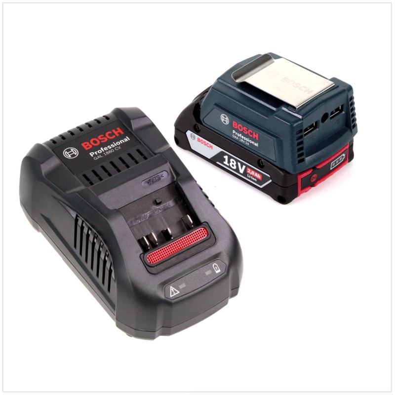 Bosch USB Power Set 18 V con adaptador USB GAA Professional para bateras de 14,4 V / 18 V + 1x batera de ion de litio GBA 18V 2,0 Ah + 1x cargador rpido GAL 1880 CV