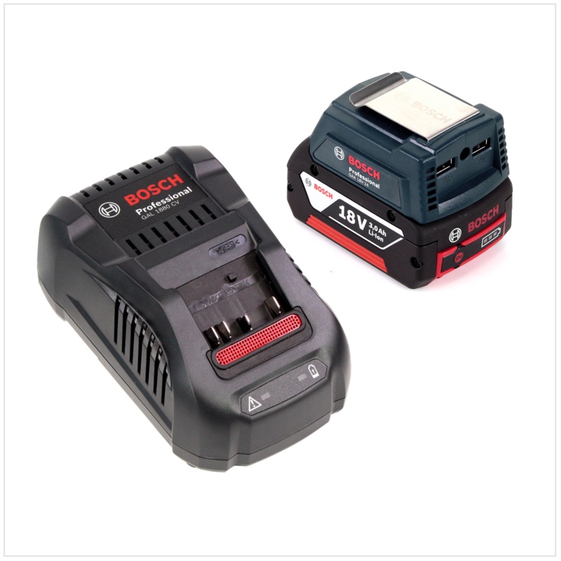Bosch USB Power Set 18 V con adaptador USB GAA Professional para bateras de 14,4 V / 18 V + 1x batera de iones de litio GBA 18V 3,0 Ah + 1x cargador rpido GAL 1880 CV