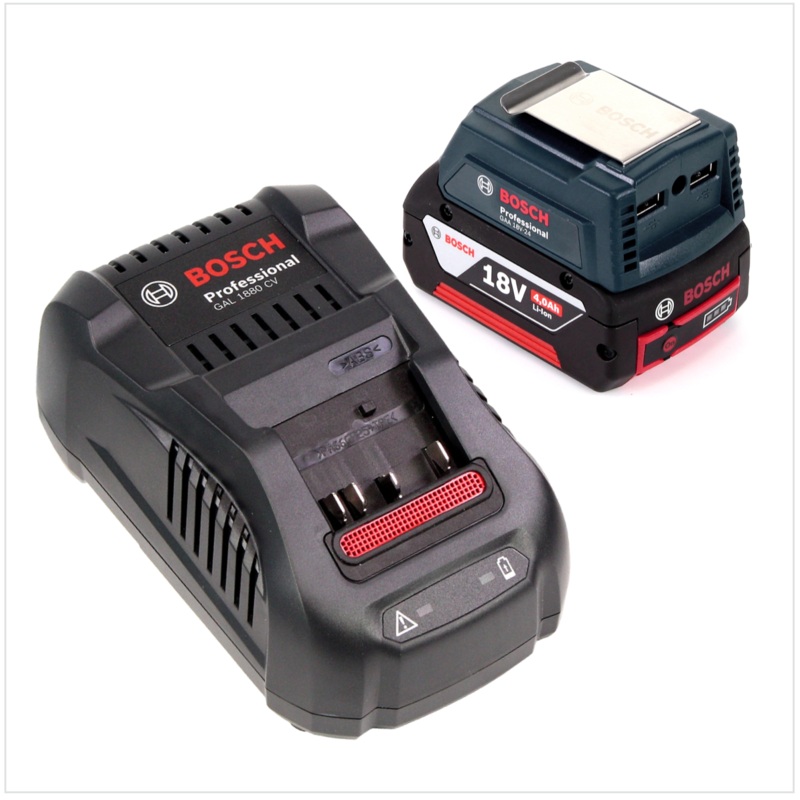 Bosch USB Power Set 18 V con adaptador USB GAA Professional para bateras de 14,4 V / 18 V + 1x batera de iones de litio GBA 18V 4,0 Ah + 1x cargador rpido GAL 1880 CV