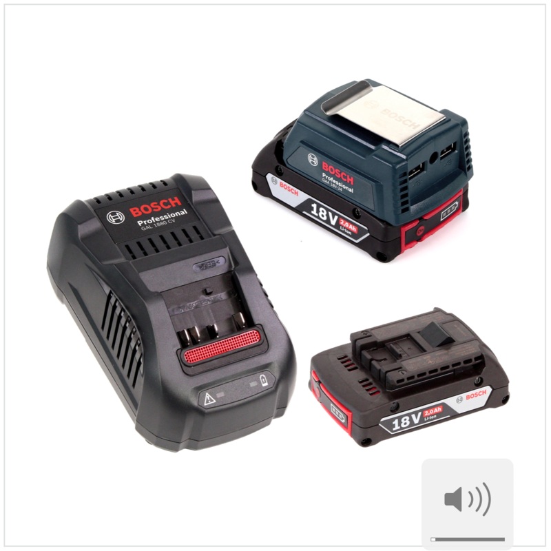 Bosch USB Power Set 18 V con adaptador USB GAA Professional para bateras de 14,4 V / 18 V + 2 bateras GBA de 18 V y 2,0 Ah de ranura Li-Ion + 1 cargador rpido GAL 1880 CV
