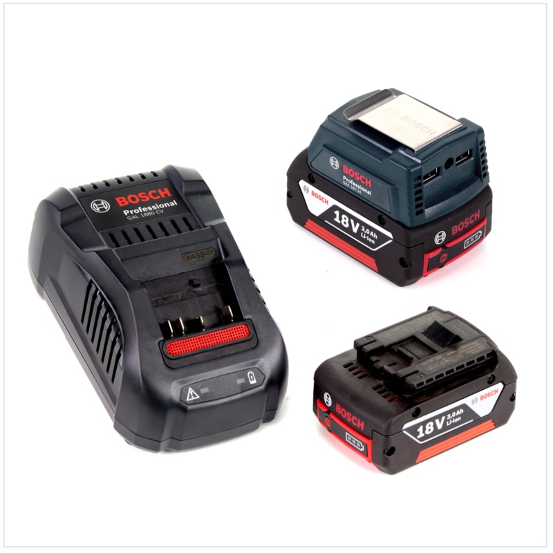 Bosch USB Power Set 18 V con adaptador USB GAA Professional para bateras de 14,4 V / 18 V + 2 bateras GBA de 18 V y 3,0 Ah de ranura Li-Ion + 1 cargador rpido GAL 1880 CV