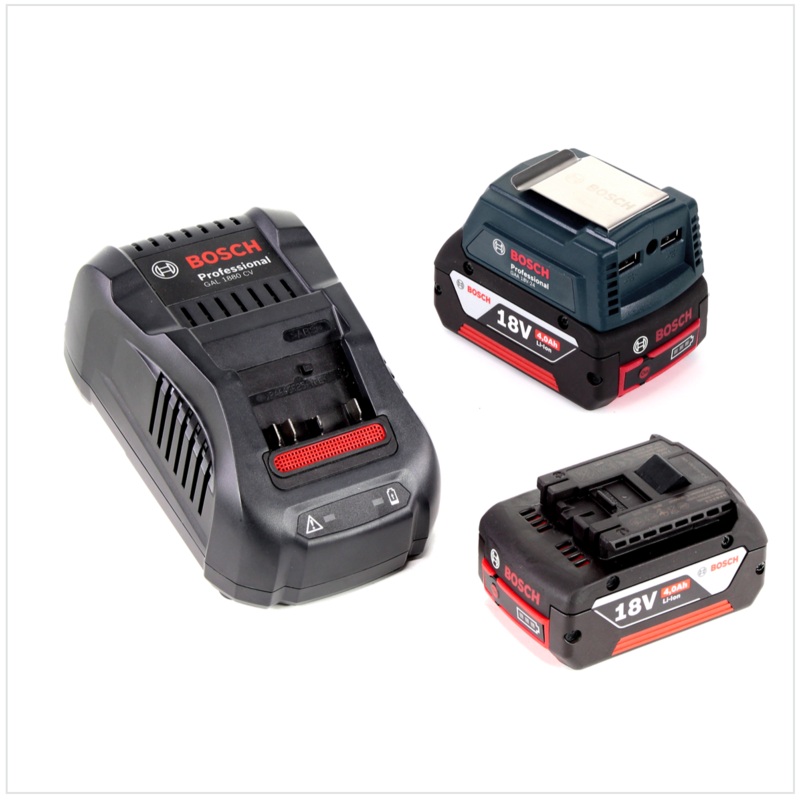 Bosch USB Power Set 18 V con adaptador USB GAA Professional para bateras de 14,4 V / 18 V + 2 bateras GBA de 18 V y 4,0 Ah Li-Ion con ranura + 1 cargador rpido GAL 1880 CV